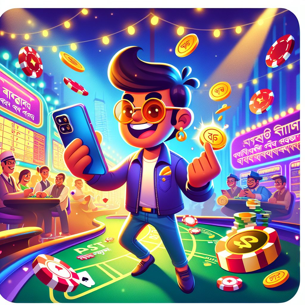 tk399 casino themed cartoon character with chips, cards, and a mobile phone