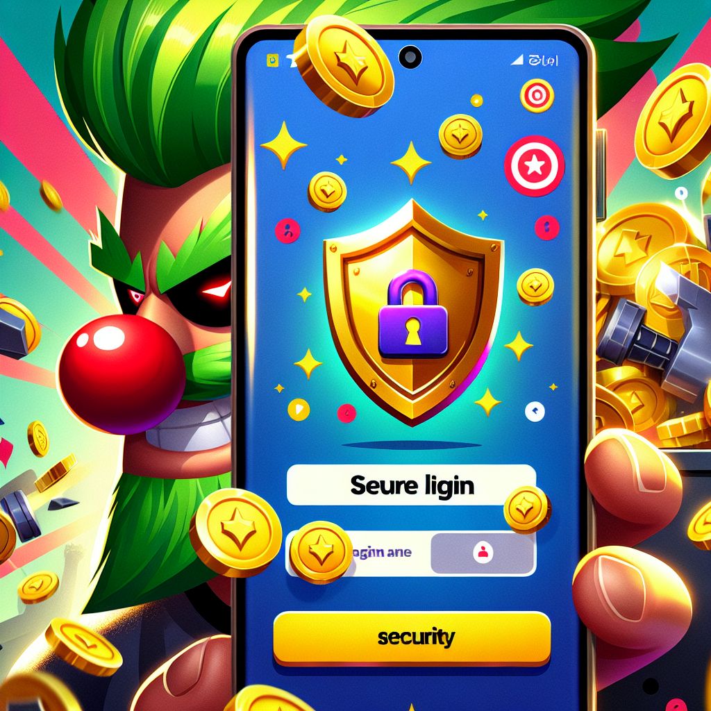 tk399 themed cartoon character using a mobile login screen with coins and secure icons